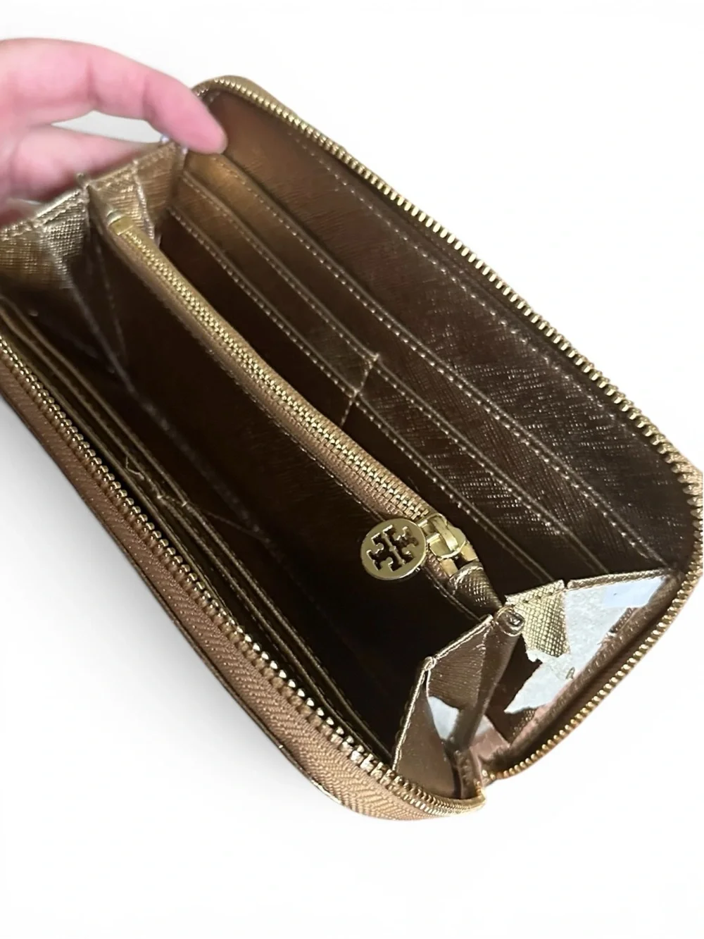 Tory Burch Metallic Gold Leather Zip Wallet Project Piece AS IS